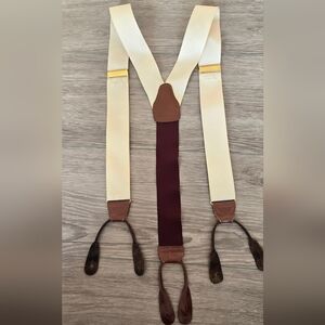 Solid Brass Made USA Vintage Braces Suspenders Cream Ivory Button End Men